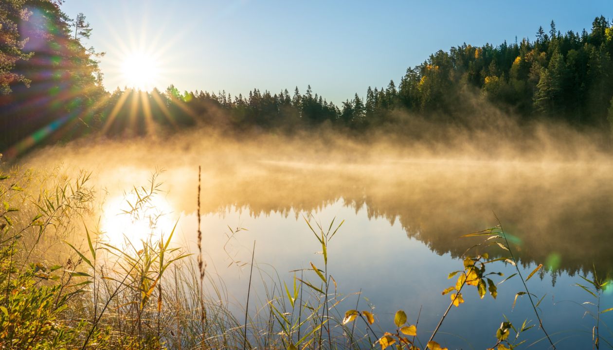 Lake near Vimmerby at sunrise with morning mist. Sweden 